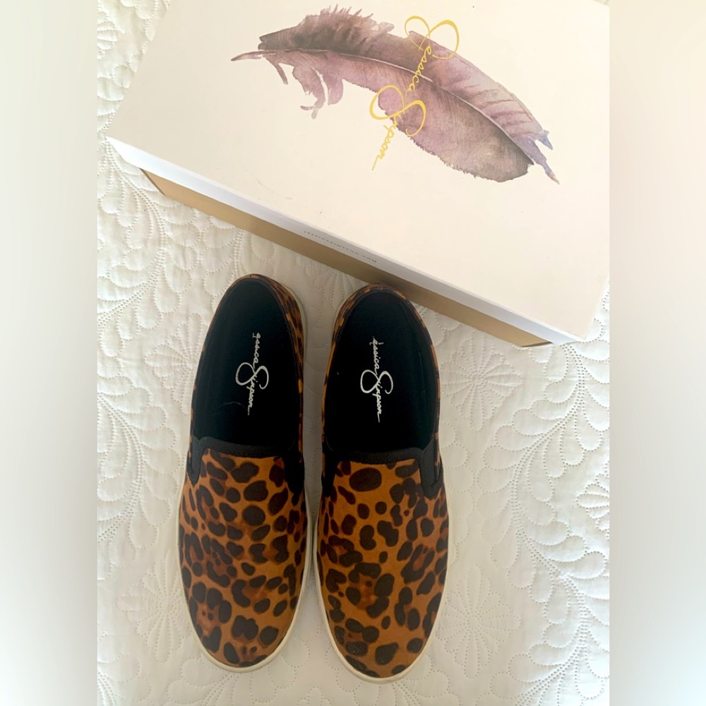 Jessica Simpson Dinellia natural maxi leopard microsuede slip on tennis shoes